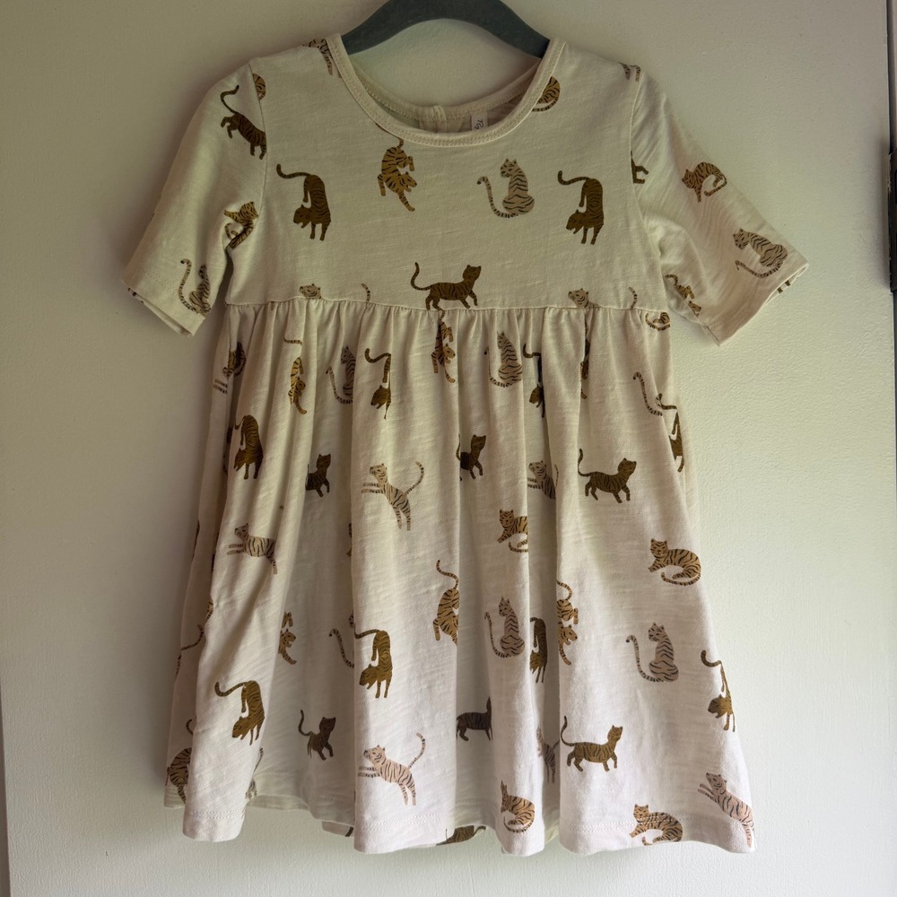 Rylee + Cru Kids Tiger Cat Print Cotton Slub Jersey Dress Cream Tan 2-3Y